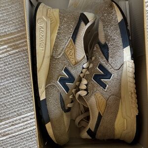 New Balance 998TA Beige, Grey, and Navy Suede Mesh Sneakers